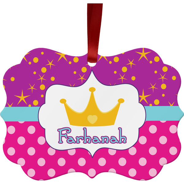 Custom Sparkle & Dots Metal Frame Ornament - Double Sided w/ Name or Text