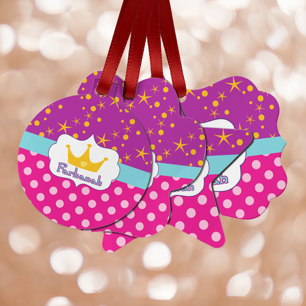 Custom Sparkle & Dots Metal Ornaments - Double Sided w/ Name or Text