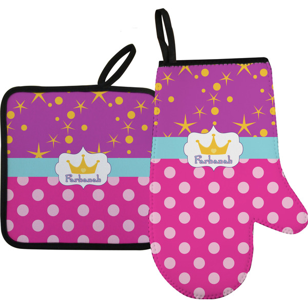 Custom Sparkle & Dots Right Oven Mitt & Pot Holder Set w/ Name or Text