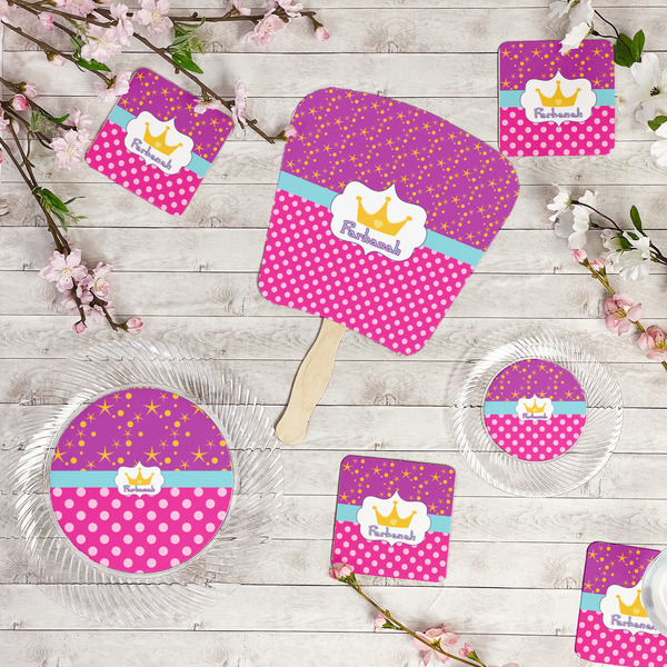Sparkle & Dots Party Supplies Combination Image - All items - Plates, Coasters, Fans