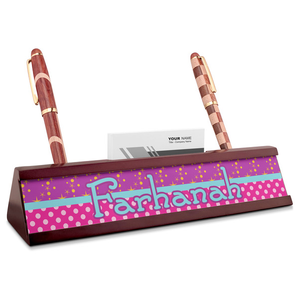 Custom Sparkle & Dots Red Mahogany Nameplate with Business Card Holder (Personalized)