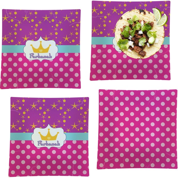 Custom Sparkle & Dots Set of 4 Glass Square Lunch / Dinner Plate 9.5" (Personalized)