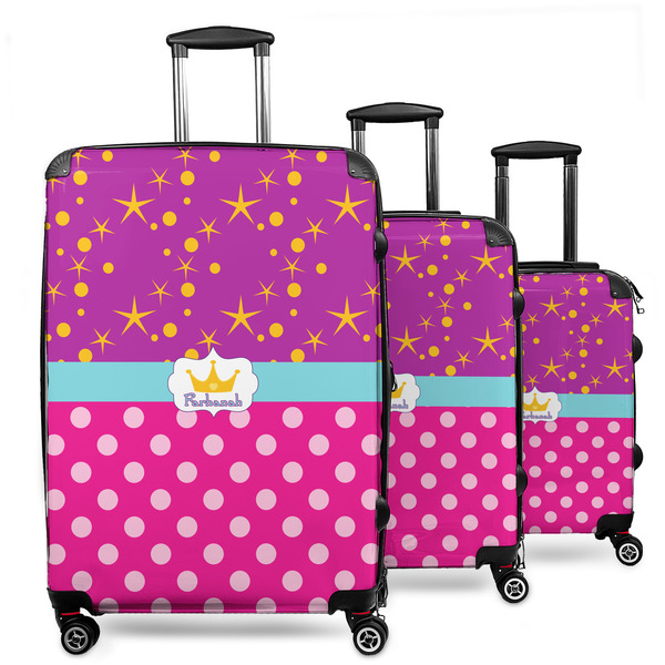 Custom Sparkle & Dots 3 Piece Luggage Set - 20" Carry On, 24" Medium Checked, 28" Large Checked (Personalized)