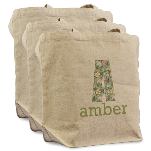 Custom Vintage Floral Reusable Cotton Grocery Bags - Set of 3 (Personalized)