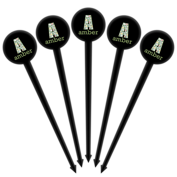 Vintage Floral Black Plastic 4" Food Pick - Round - Fan View