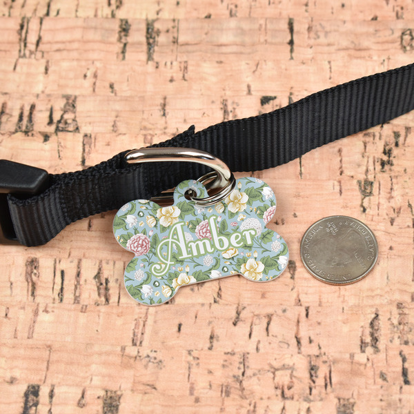 Vintage Floral Bone Shaped Dog ID Tag - Large - In Context