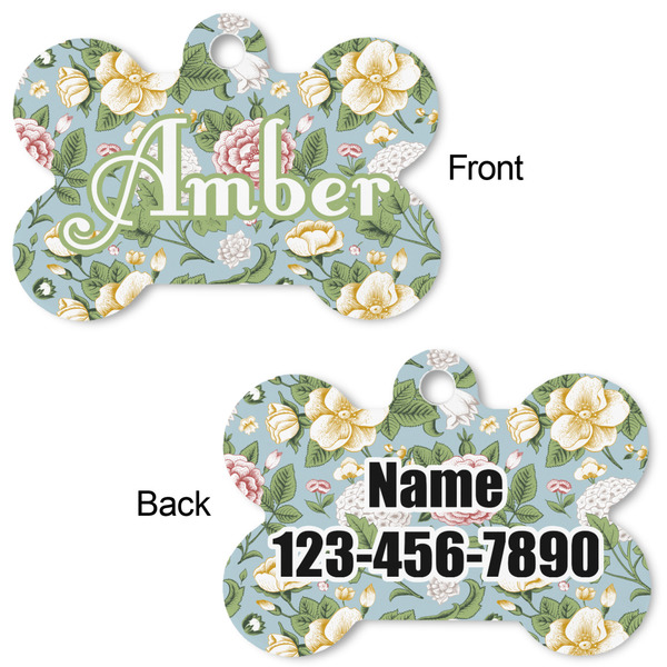 Vintage Floral Bone Shaped Dog Tag - Front & Back