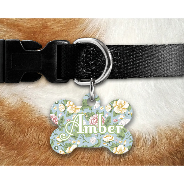 Vintage Floral Bone Shaped Dog Tag on Collar & Dog
