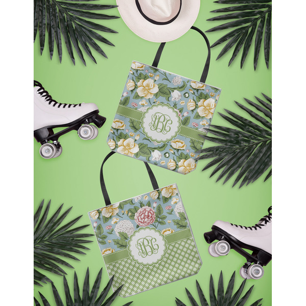 Vintage Floral Canvas Tote Lifestyle Front and Back- 13x13