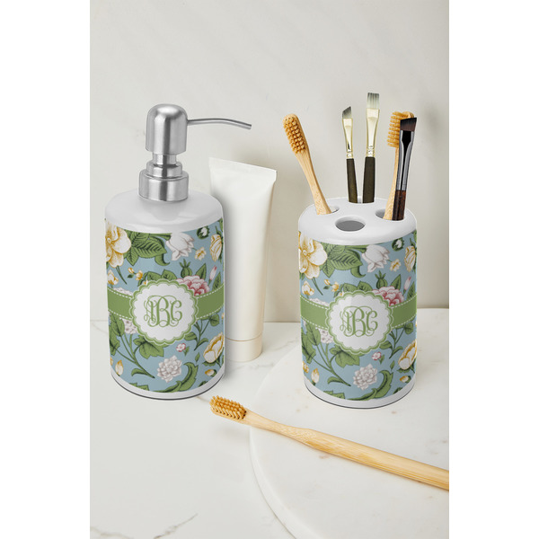 Vintage Floral Ceramic Bathroom Accessories - LIFESTYLE (toothbrush holder & soap dispenser)