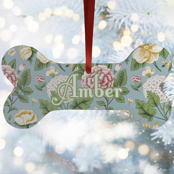 Custom Vintage Floral Ceramic Dog Ornament w/ Monograms