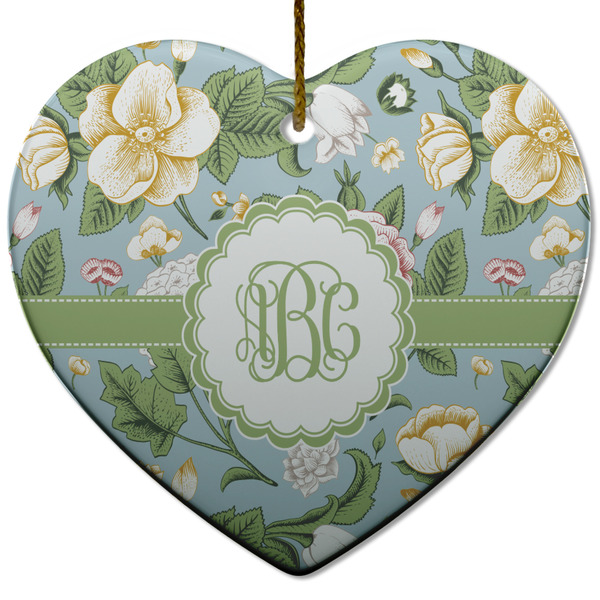 Custom Vintage Floral Heart Ceramic Ornament w/ Monogram