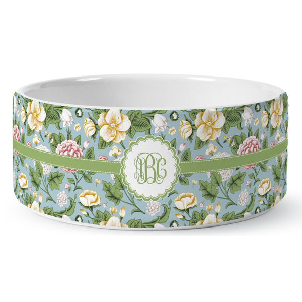 Custom Vintage Floral Ceramic Dog Bowl - Large (Personalized)