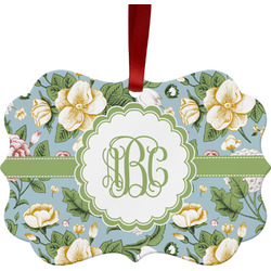Vintage Floral Metal Frame Ornament - Double Sided w/ Monogram