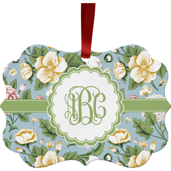 Custom Vintage Floral Metal Frame Ornament - Double Sided w/ Monogram