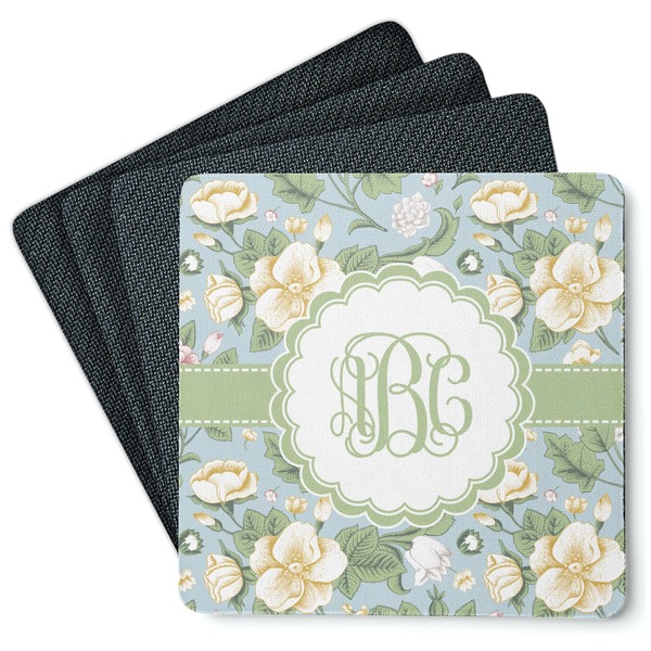Custom Vintage Floral Square Rubber Backed Coasters - Set of 4 (Personalized)