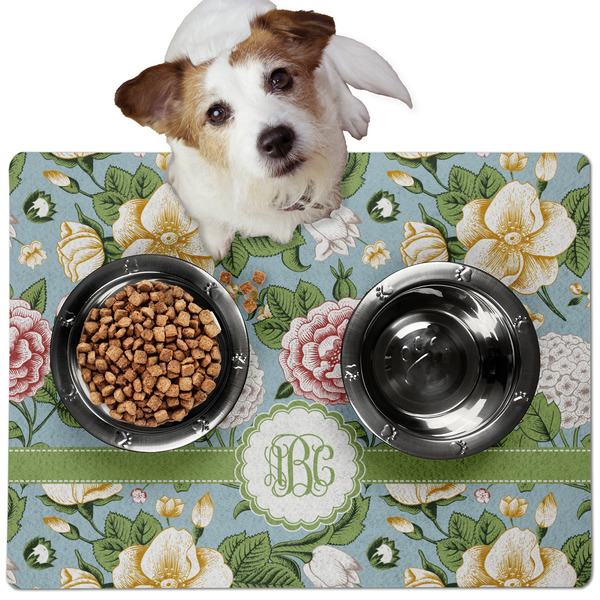 Custom Vintage Floral Dog Food Mat - Medium w/ Monogram