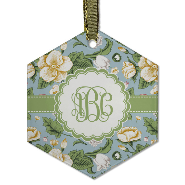 Custom Vintage Floral Flat Glass Ornament - Hexagon w/ Monogram