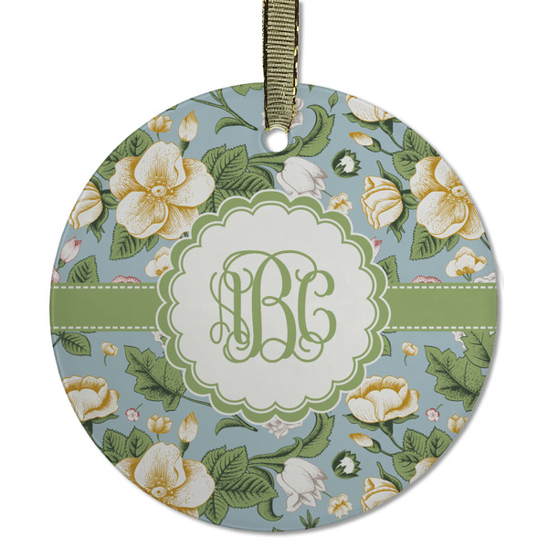 Custom Vintage Floral Flat Glass Ornament - Round w/ Monogram
