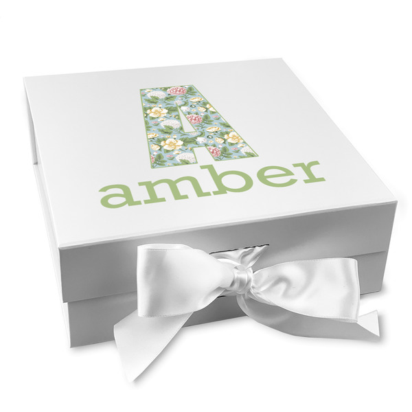 Custom Vintage Floral Gift Box with Magnetic Lid - White (Personalized)