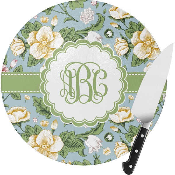 Custom Vintage Floral Round Glass Cutting Board - Medium (Personalized)