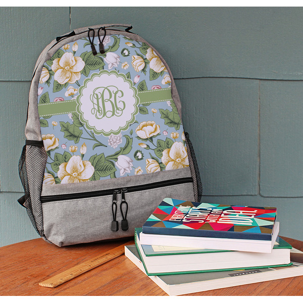 Vintage Floral Large Backpack - Gray - On Desk