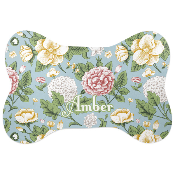 Custom Vintage Floral Bone Shaped Dog Food Mat (Large) (Personalized)
