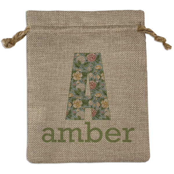 Custom Vintage Floral Medium Burlap Gift Bag - Front (Personalized)
