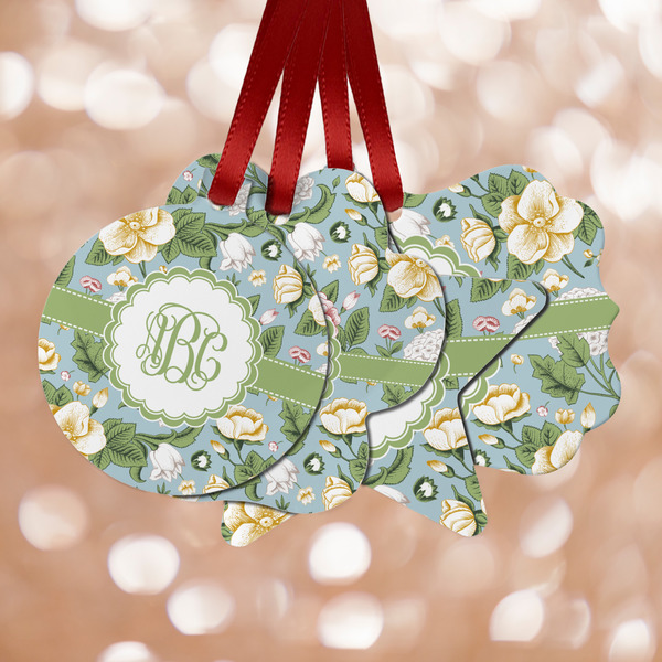 Custom Vintage Floral Metal Ornaments - Double Sided w/ Monogram