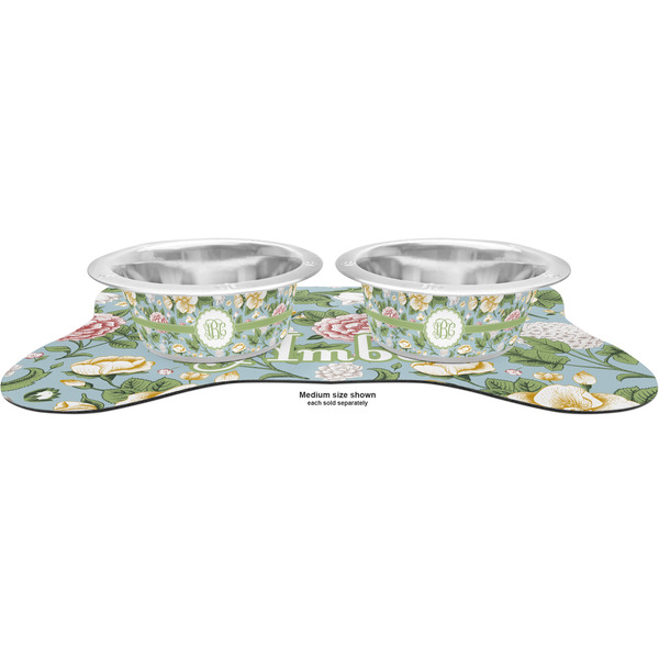 Vintage Floral Metal Pet Bowls - On Dog Bone Shaped Mat
