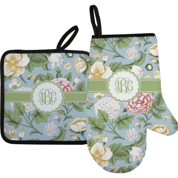 Custom Vintage Floral Right Oven Mitt & Pot Holder Set w/ Monogram