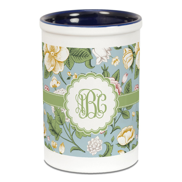 Custom Vintage Floral Ceramic Pencil Holders - Blue