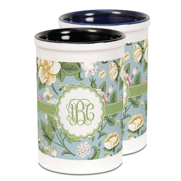 Custom Vintage Floral Ceramic Pencil Holder - Large