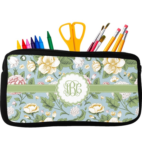 Custom Vintage Floral Neoprene Pencil Case - Small w/ Monogram