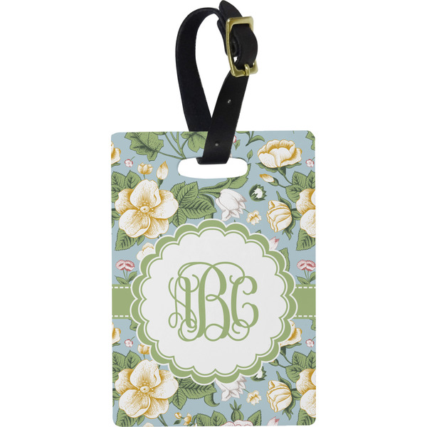 Custom Vintage Floral Plastic Luggage Tag - Rectangular w/ Monogram