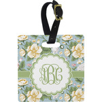 Vintage Floral Plastic Luggage Tag - Square w/ Monogram
