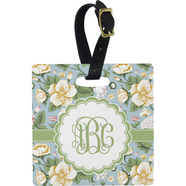 Custom Vintage Floral Plastic Luggage Tag - Square w/ Monogram