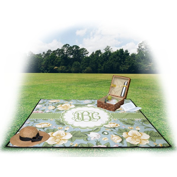 Vintage Floral Picnic Blanket - with Basket Hat and Book - in Use