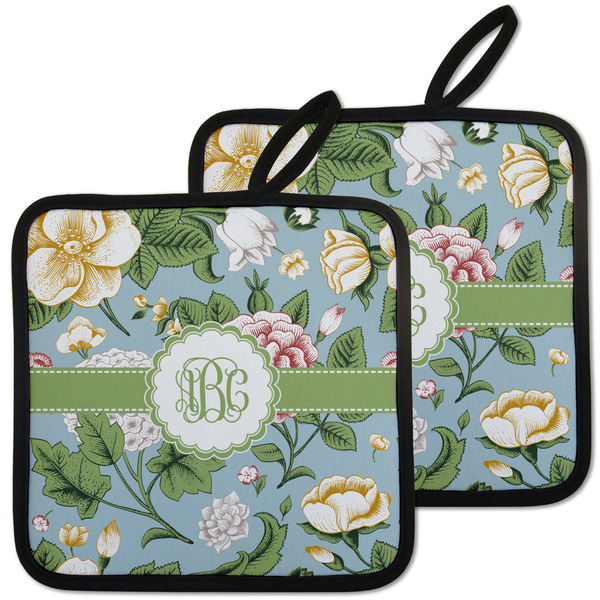 Custom Vintage Floral Pot Holders - Set of 2 w/ Monogram