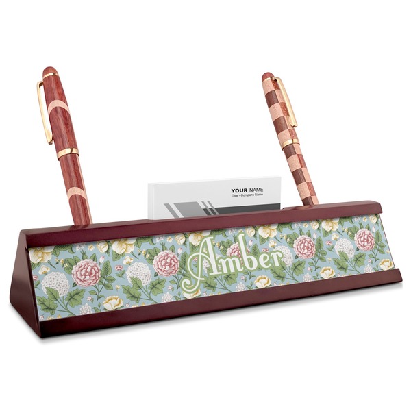 Custom Vintage Floral Red Mahogany Nameplate with Business Card Holder (Personalized)