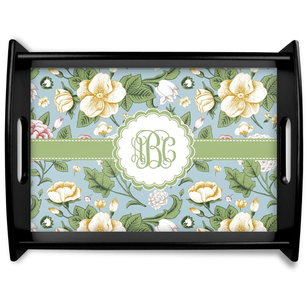 Custom Vintage Floral Black Wooden Tray - Large (Personalized)