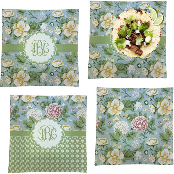Custom Vintage Floral Set of 4 Glass Square Lunch / Dinner Plate 9.5" (Personalized)