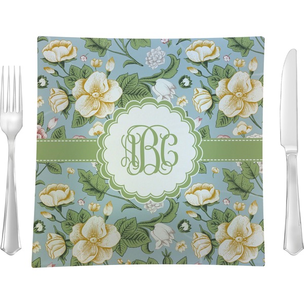 Custom Vintage Floral 9.5" Glass Square Lunch / Dinner Plate- Single or Set of 4 (Personalized)