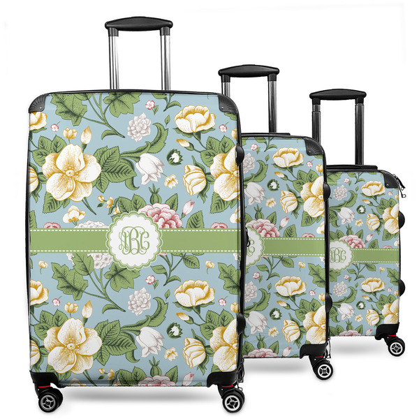 Custom Vintage Floral 3 Piece Luggage Set - 20" Carry On, 24" Medium Checked, 28" Large Checked (Personalized)