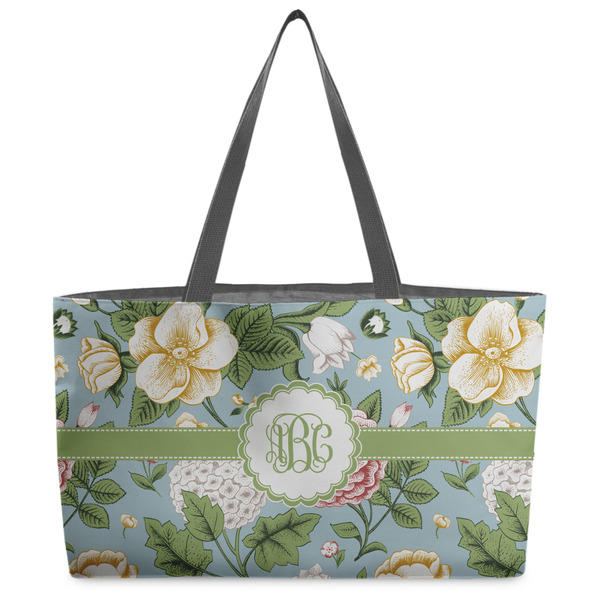Custom Vintage Floral Beach Totes Bag - w/ Black Handles (Personalized)