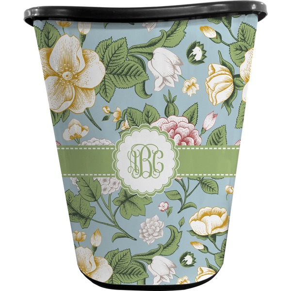 Custom Vintage Floral Waste Basket - Double Sided (Black) (Personalized)