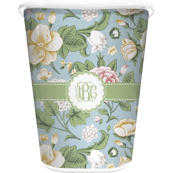Custom Vintage Floral Waste Basket - Single Sided (White) (Personalized)