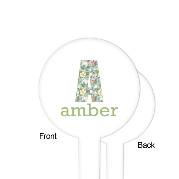 Vintage Floral White Plastic 4" Food Pick - Round - Single Sided - Front & Back