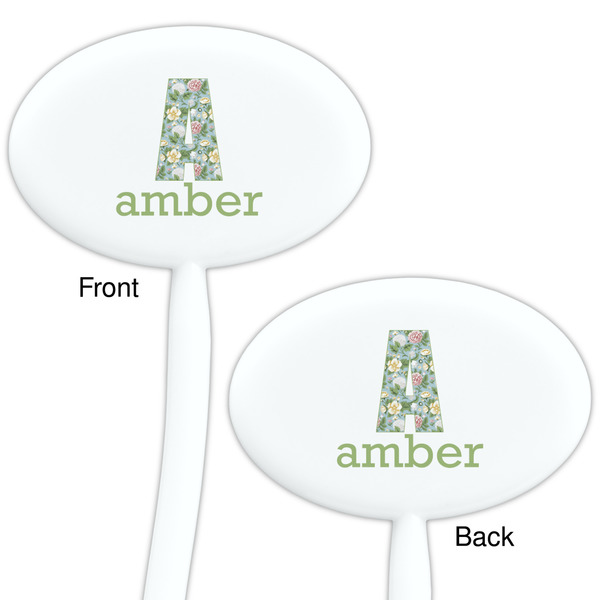 Vintage Floral White Plastic 7" Stir Stick - Double Sided - Oval - Front & Back