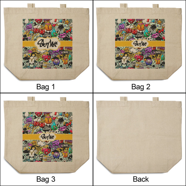Graffiti 3 Reusable Cotton Grocery Bags - Front & Back View
